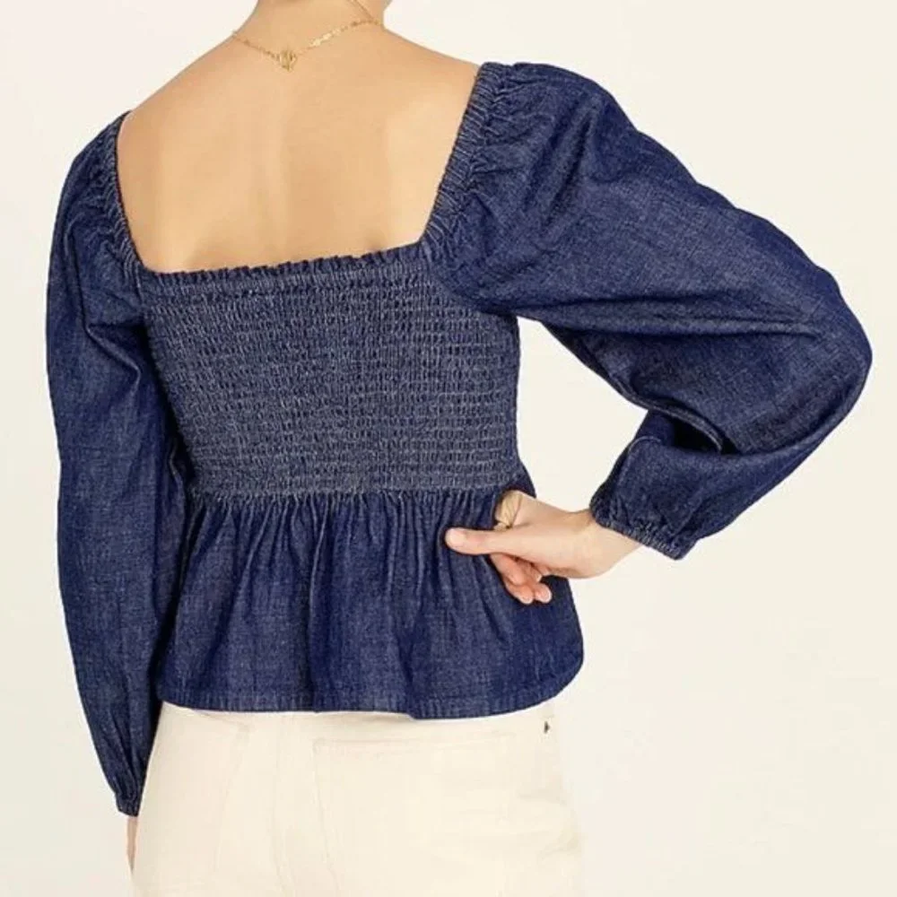 J. Crew Puff Sleeve Chambray Smocked Top in Birch Wash NWT